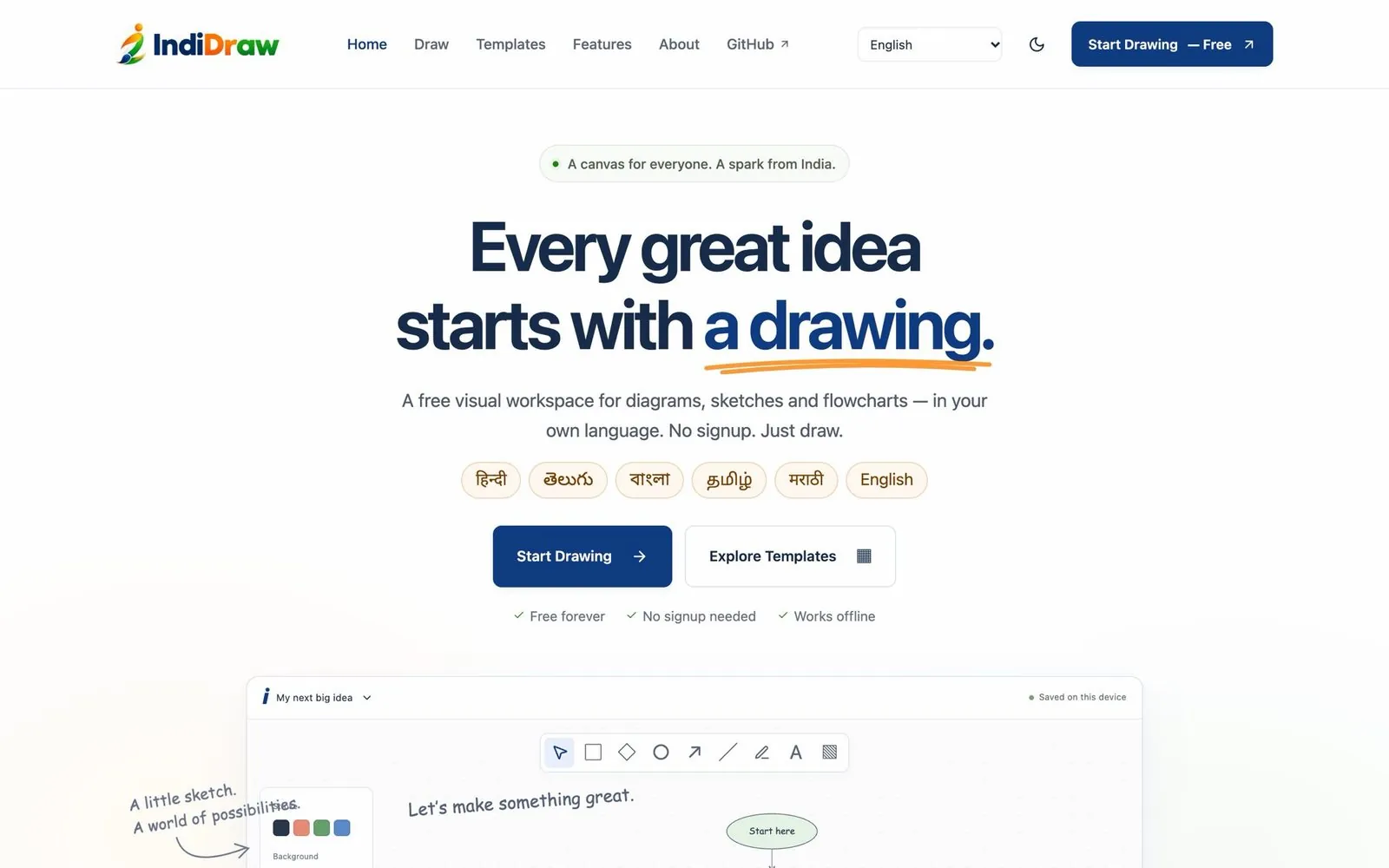 IndiDraw home page: Every great idea starts with a drawing